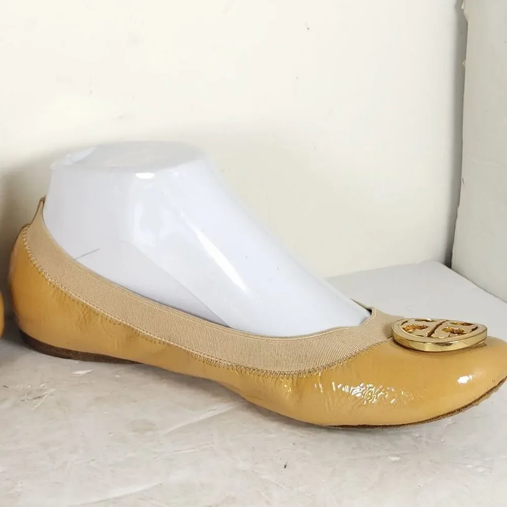 TORY BURCH Women's Caroline 2 US 8M Tan Leather Logo Slip On Ballet Flats